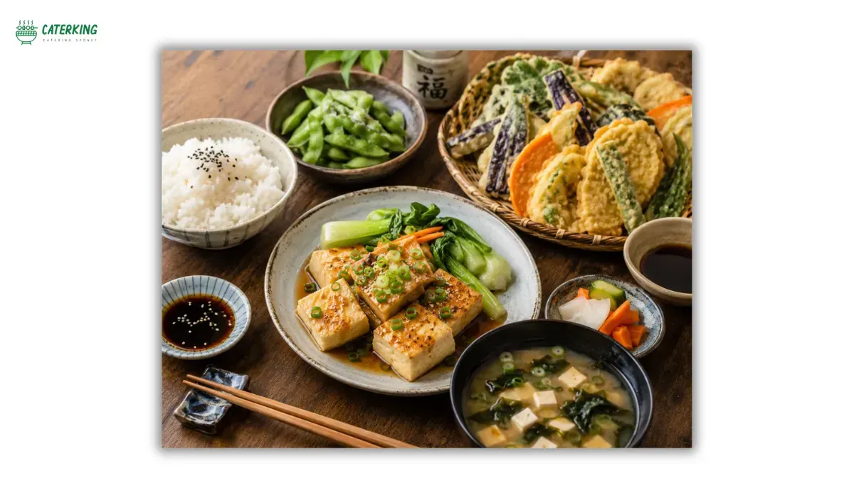 plant based Japanese food featuring tofu miso soup vegetable tempura rice and edamame