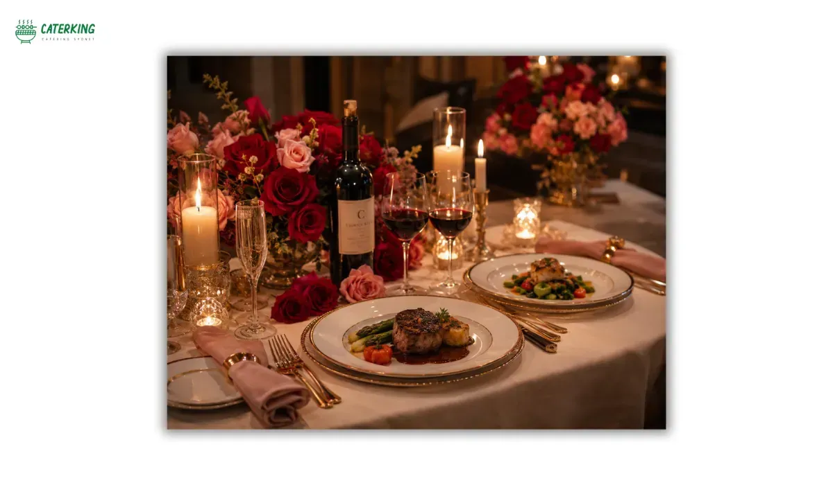 romantic Valentine's Day dinner setup for two with candles flowers and elegant catering