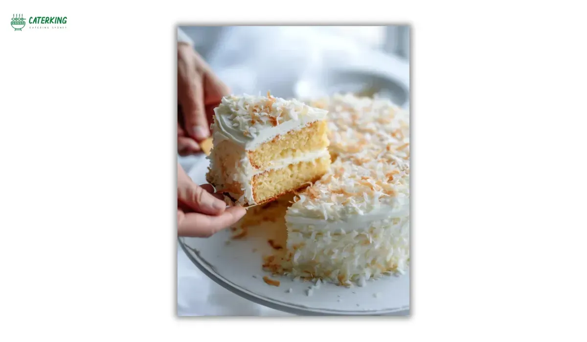 slice of Hawaiian wedding cake showing moist pineapple coconut layers
