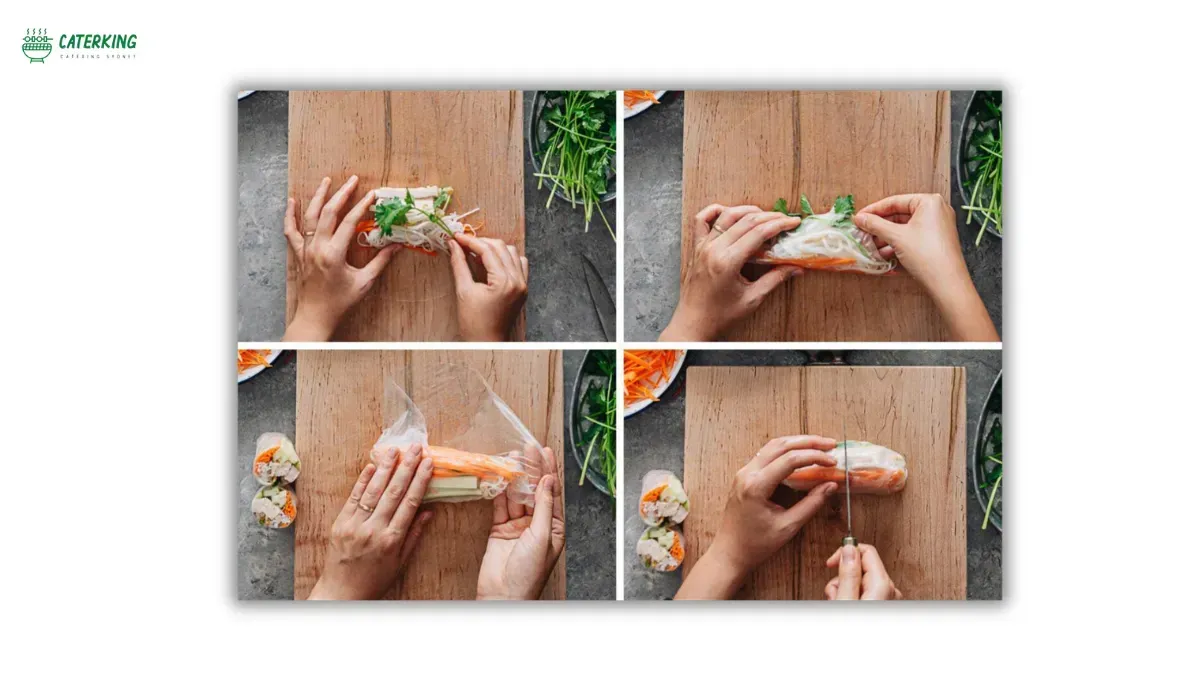 step by step rolling technique for Vietnamese rice paper rolls