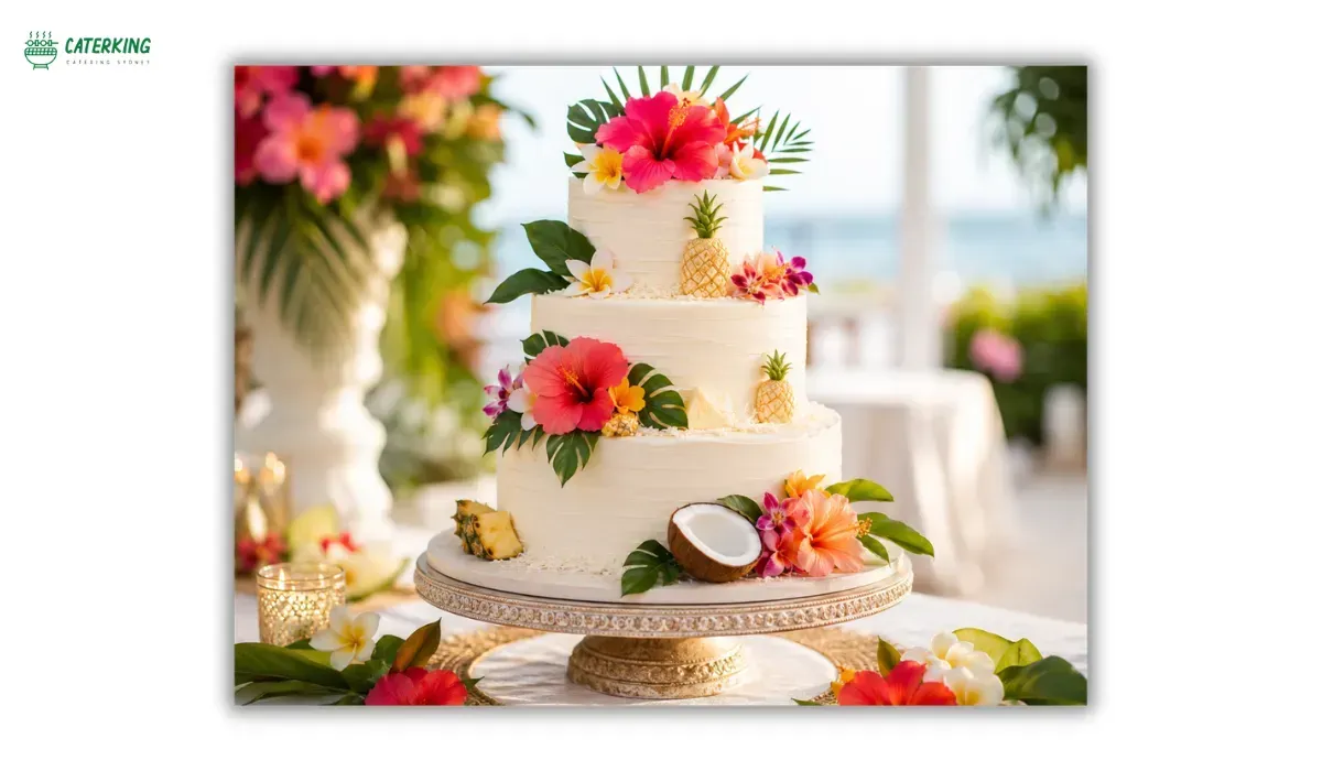 three tier Hawaiian wedding cake decorated with tropical flowers pineapple and coconut