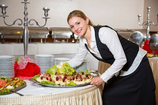 Wedding buffet catering and reception food presentation Wedding buffet catering display with appetisers, salads, and elegant reception styling