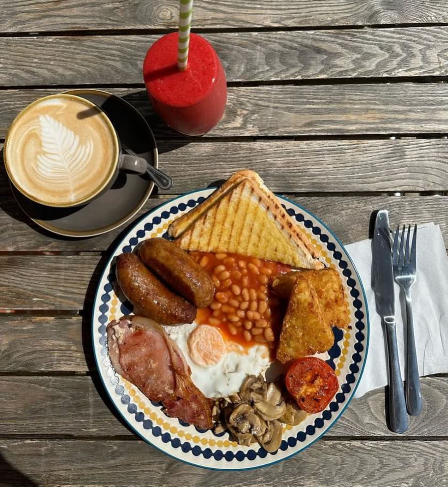 a plate of food and a cup of coffee on a wooden table .