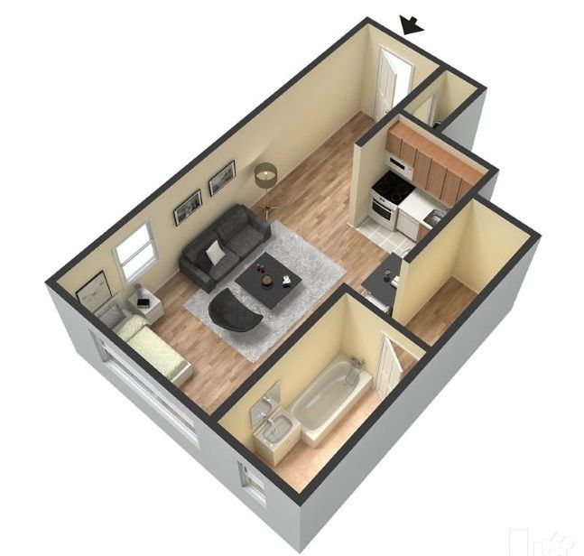 Floor Plan for Large Studio Apartment - 375 to 395 Square Feet