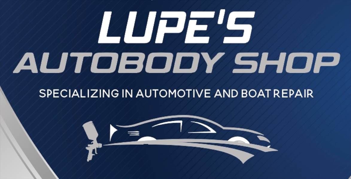 Lupe’s Autobody Shop logo on a blue background with a white car and boat silhouette, specializing in auto and boat repair