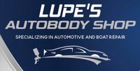 Lupe’s Autobody Shop logo on a blue background with a white car and boat silhouette, specializing in auto and boat repair