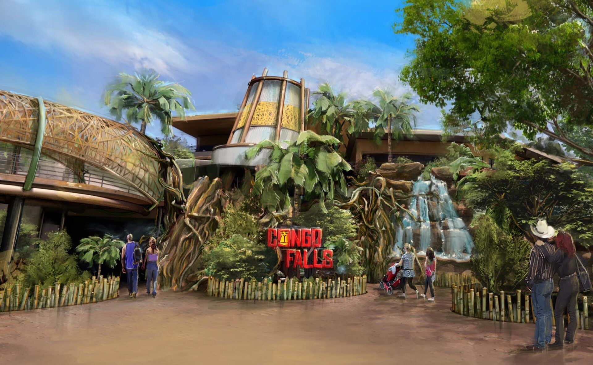 A jungle-themed restaurant entrance with a waterfall, lush plants, and a sign that reads