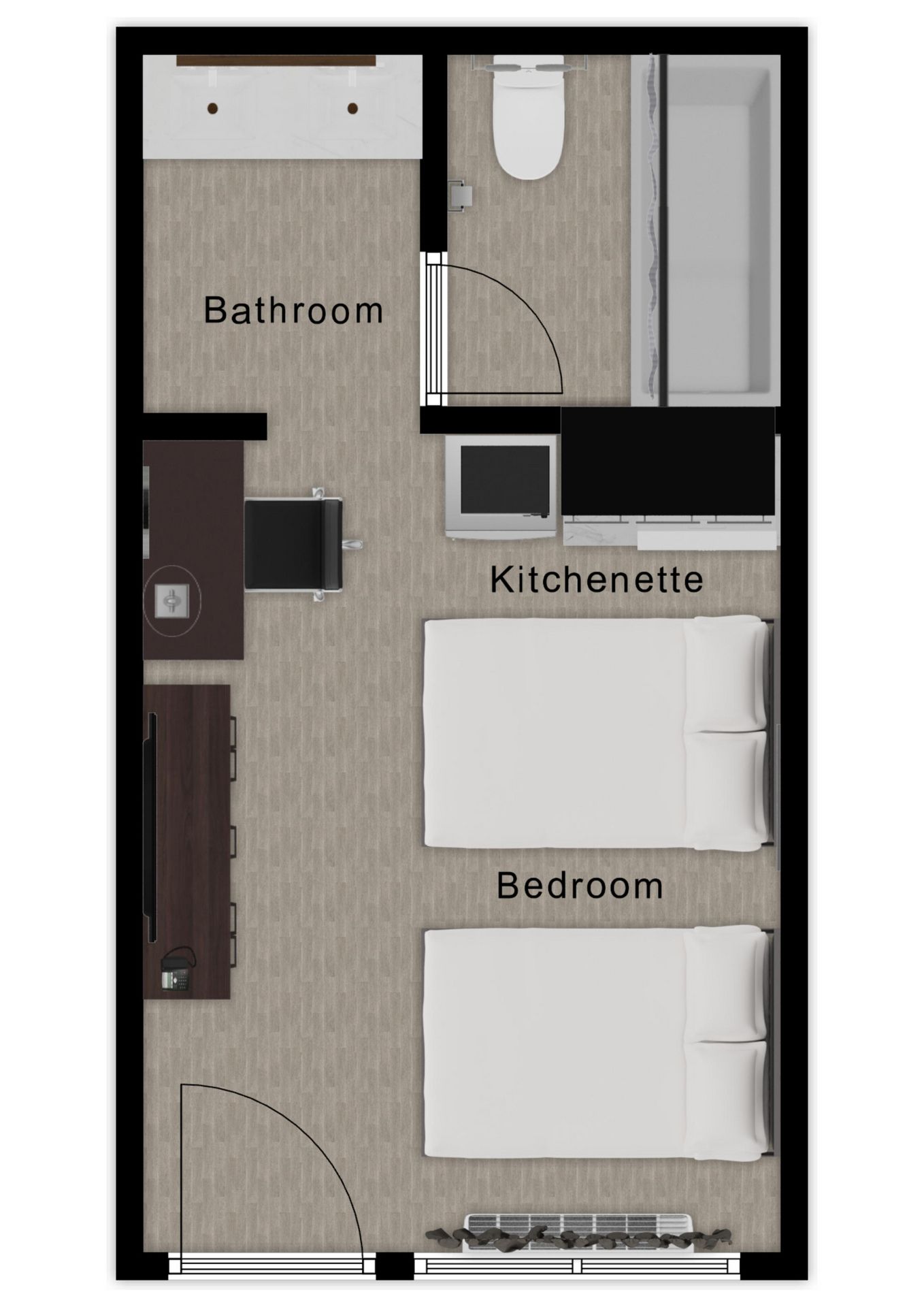 Floor plan of a studio apartment, featuring a bathroom, kitchenette, and bedroom with two beds.