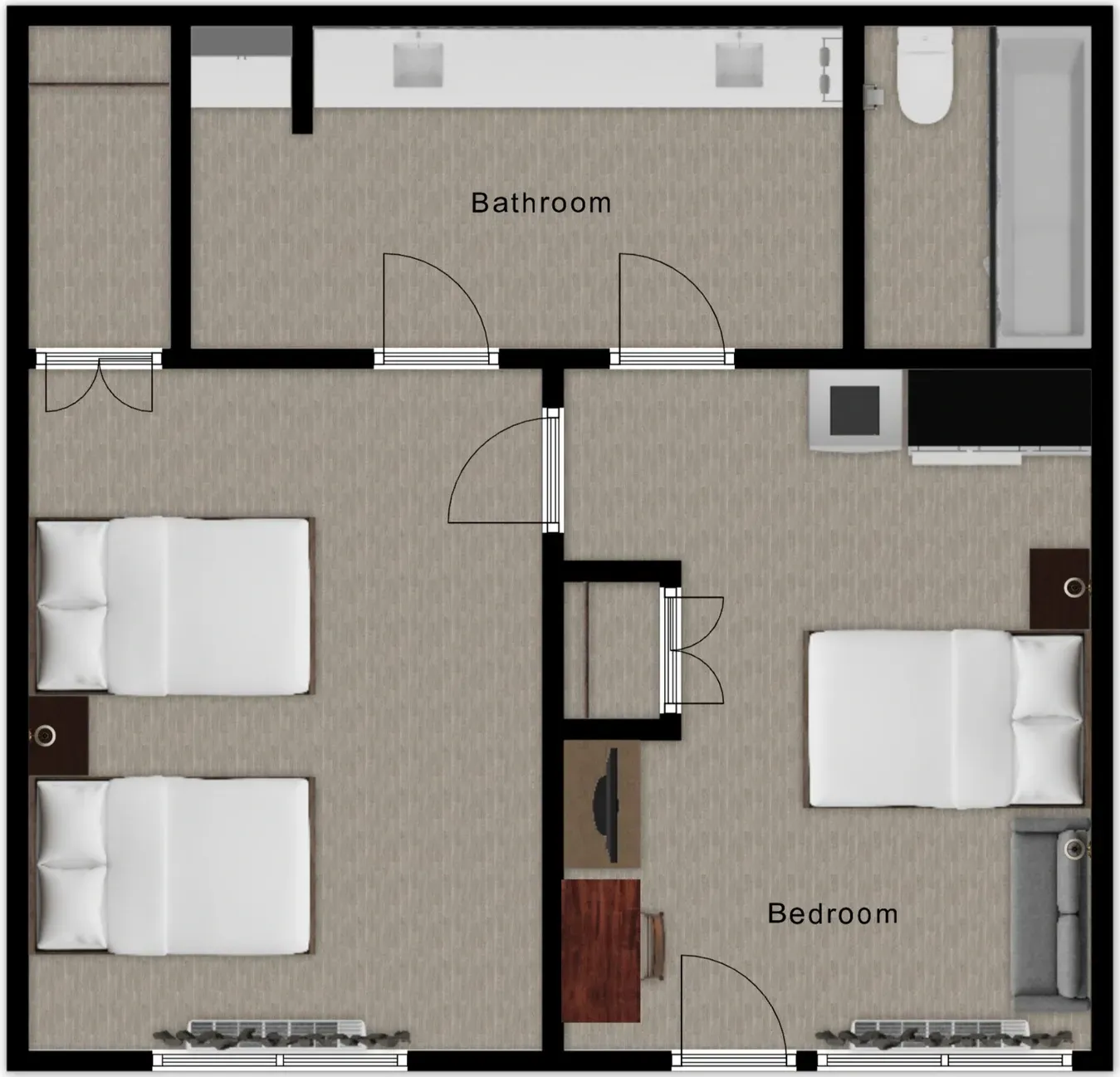 Floor plan of a studio apartment: bedroom, kitchenette, bathroom, and entrance area.