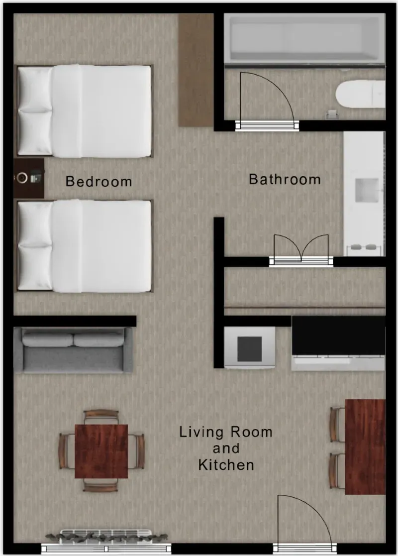Floor plan of a studio apartment: bedroom, kitchenette, bathroom, and entrance area.