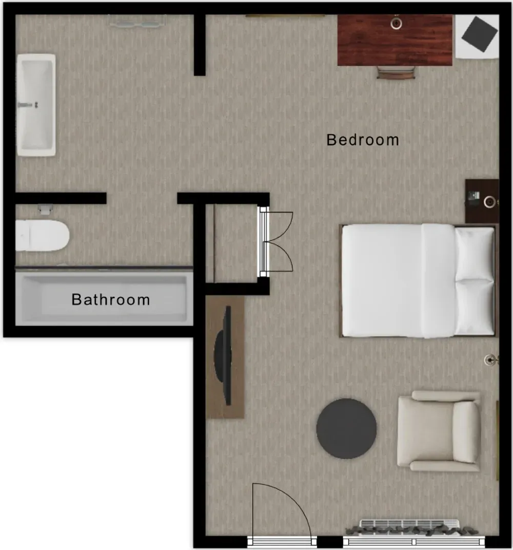 Floor plan of a studio apartment, featuring a bathroom, kitchenette, and bedroom with two beds.