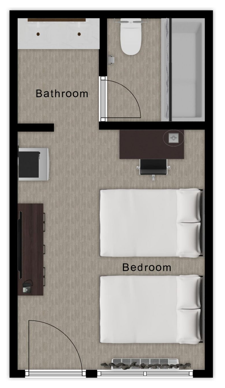 Floor plan of a hotel room with bathroom, two beds, a desk, and a television.