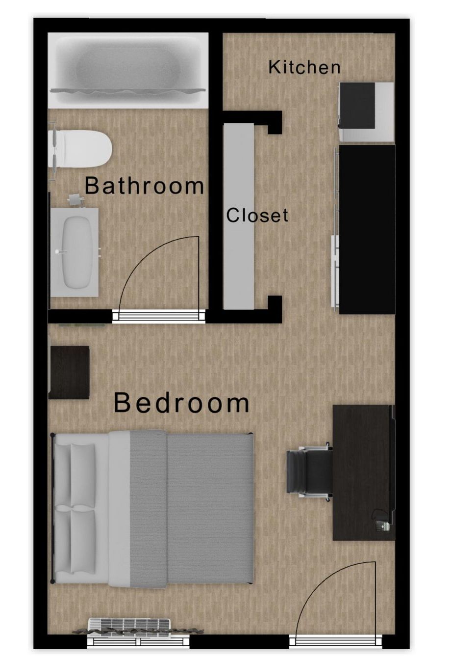 Floor plan of a studio apartment, featuring a bedroom, bathroom, kitchen, and closet.