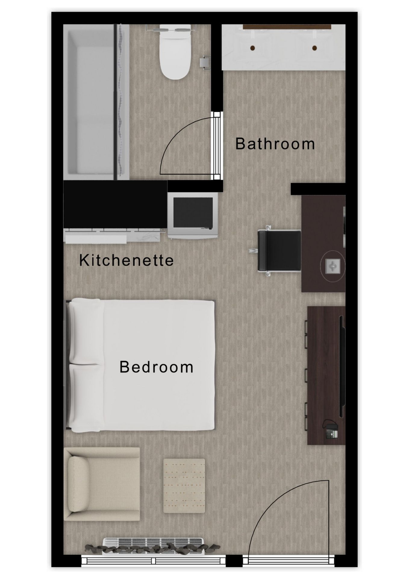 Floor plan of a studio apartment: bedroom, kitchenette, bathroom, and entrance area.