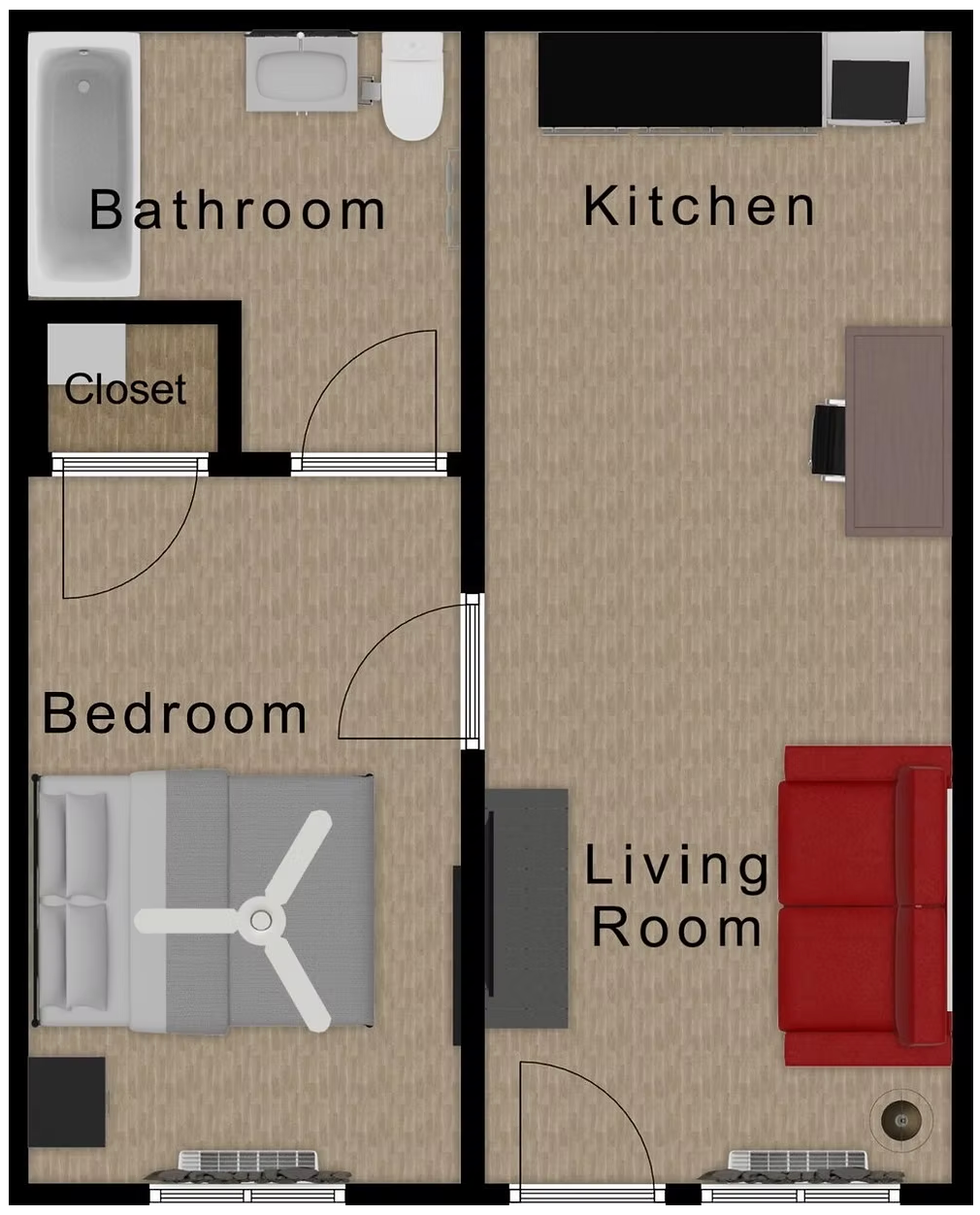 Floor plan of a small apartment: bedroom, bathroom, closet, kitchen, and living room with furniture.