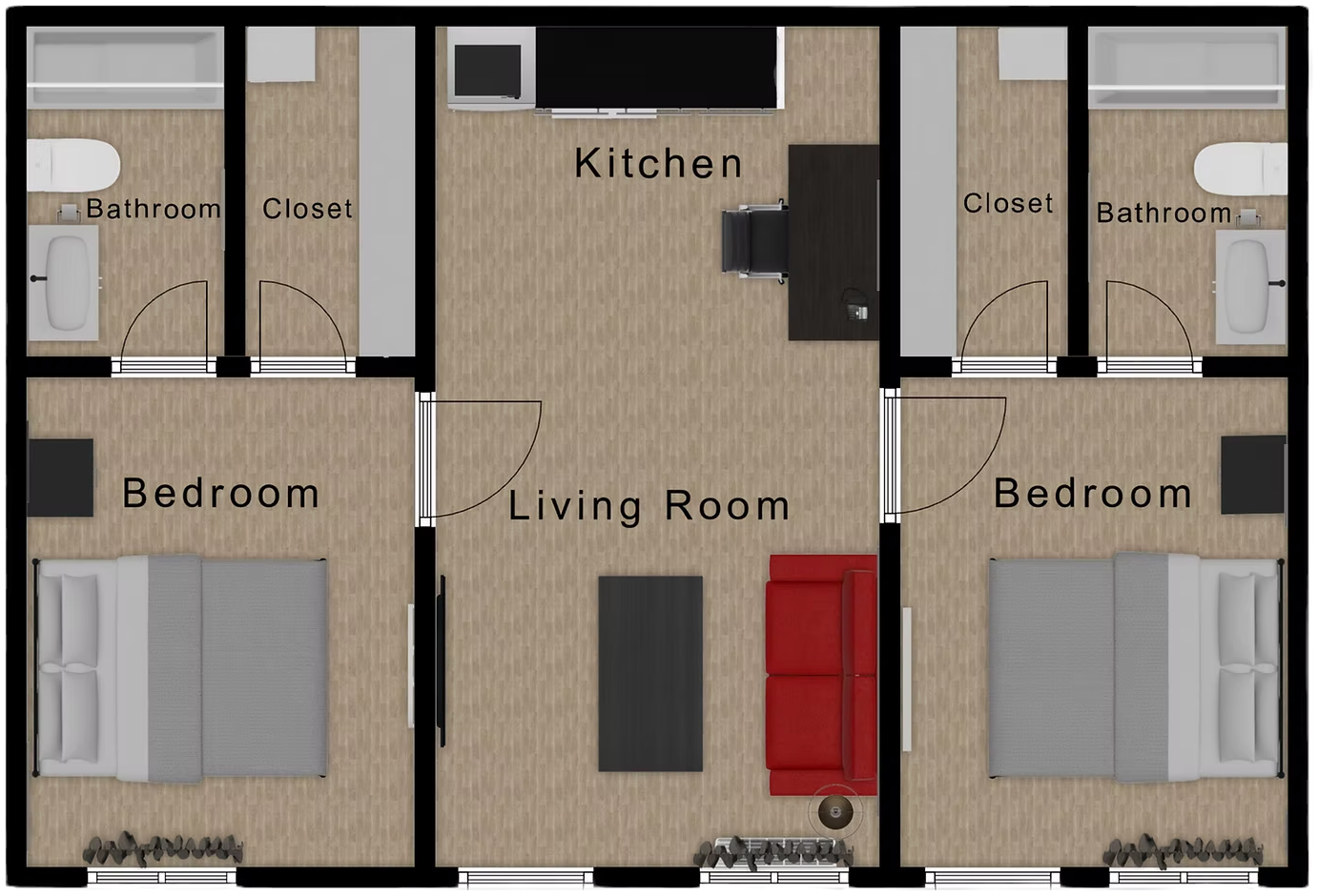 Floor plan of a two-bedroom apartment. Includes a kitchen, living room, two bedrooms, and two bathrooms.