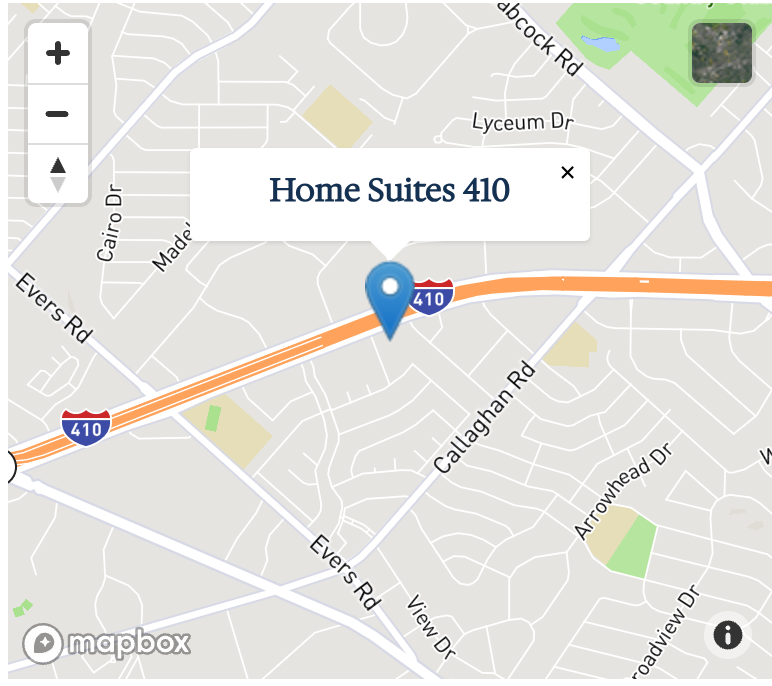 Map showing the location of Home Suites 410, with streets and highways labeled, and a blue marker.