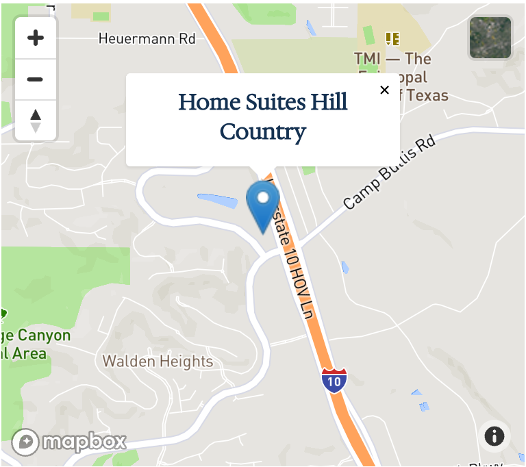 Map showing Home Suites Hill Country, near Interstate 10, with surrounding roads and landmarks.