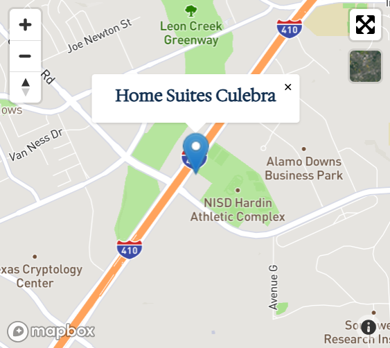 Map showing Home Suites Hill Country, near Interstate 10, with surrounding roads and landmarks.