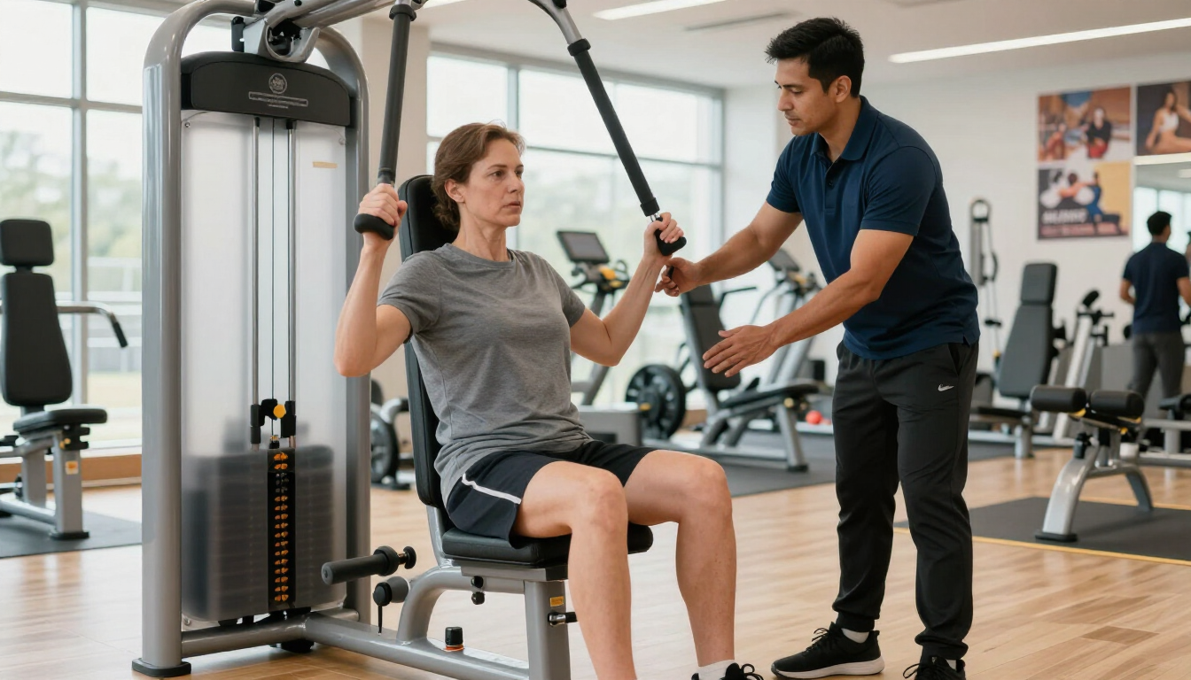 Un entrenador ayuda a una mujer a usar una máquina de poleas en un gimnasio.