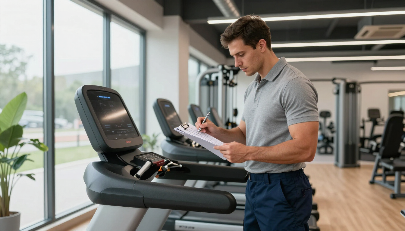 Un hombre en una cinta de correr en un gimnasio bien iluminado, revisando un portapapeles junto a las máquinas de cardio.