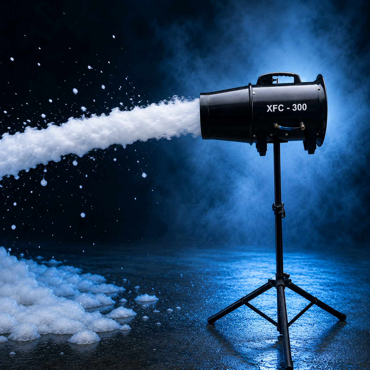 A man is spraying foam from a blue machine