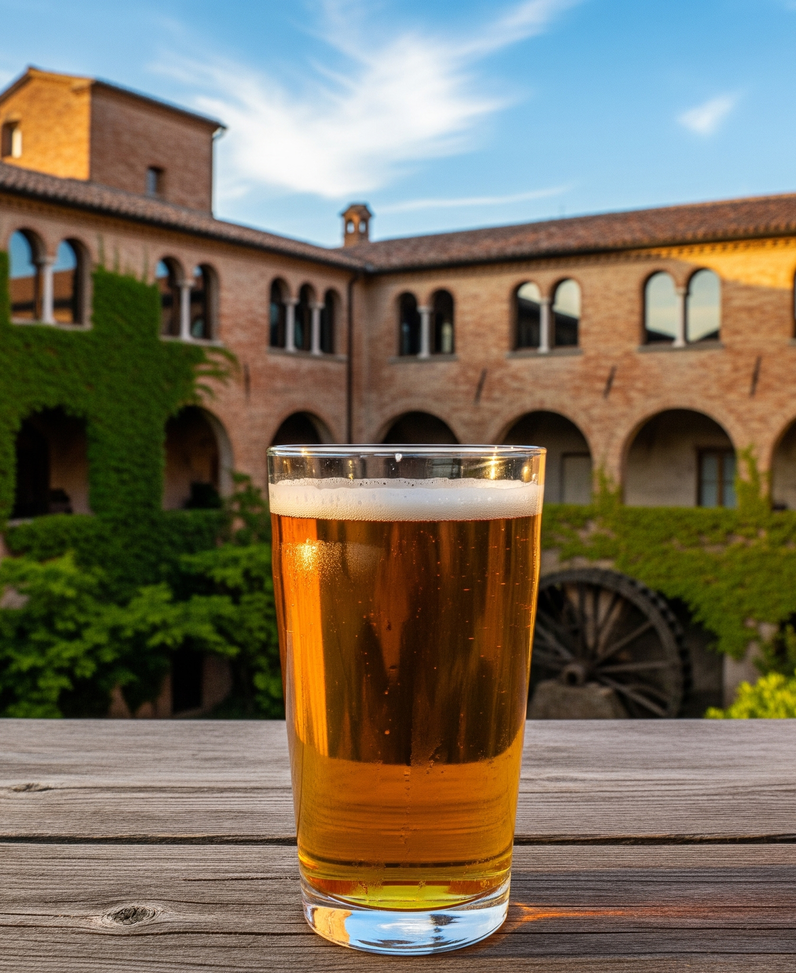 Un bicchiere di birra su un tavolo di legno, di fronte a un cortile in mattoni con edera verde.