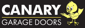 Logo for Canary Garage Doors featuring the company name in white text next to a cartoon yellow canary.