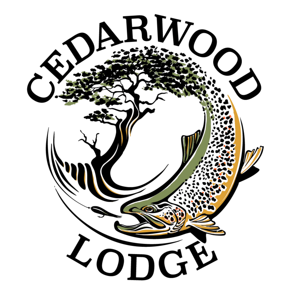 Cedarwood Lodge logo with a stylized tree and dotted circle in black, green, gold, and tan