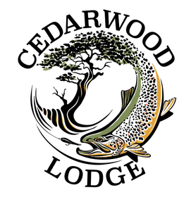 Cedarwood Lodge logo with a stylized tree and dotted circle in black, green, gold, and tan