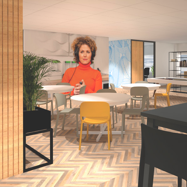 3D impressie van een persoon met krullend haar en een oranje coltrui zit aan een tafel in een moderne, helder verlichte pauzeruimte op kantoor. Definitief Interieur Ontwerp