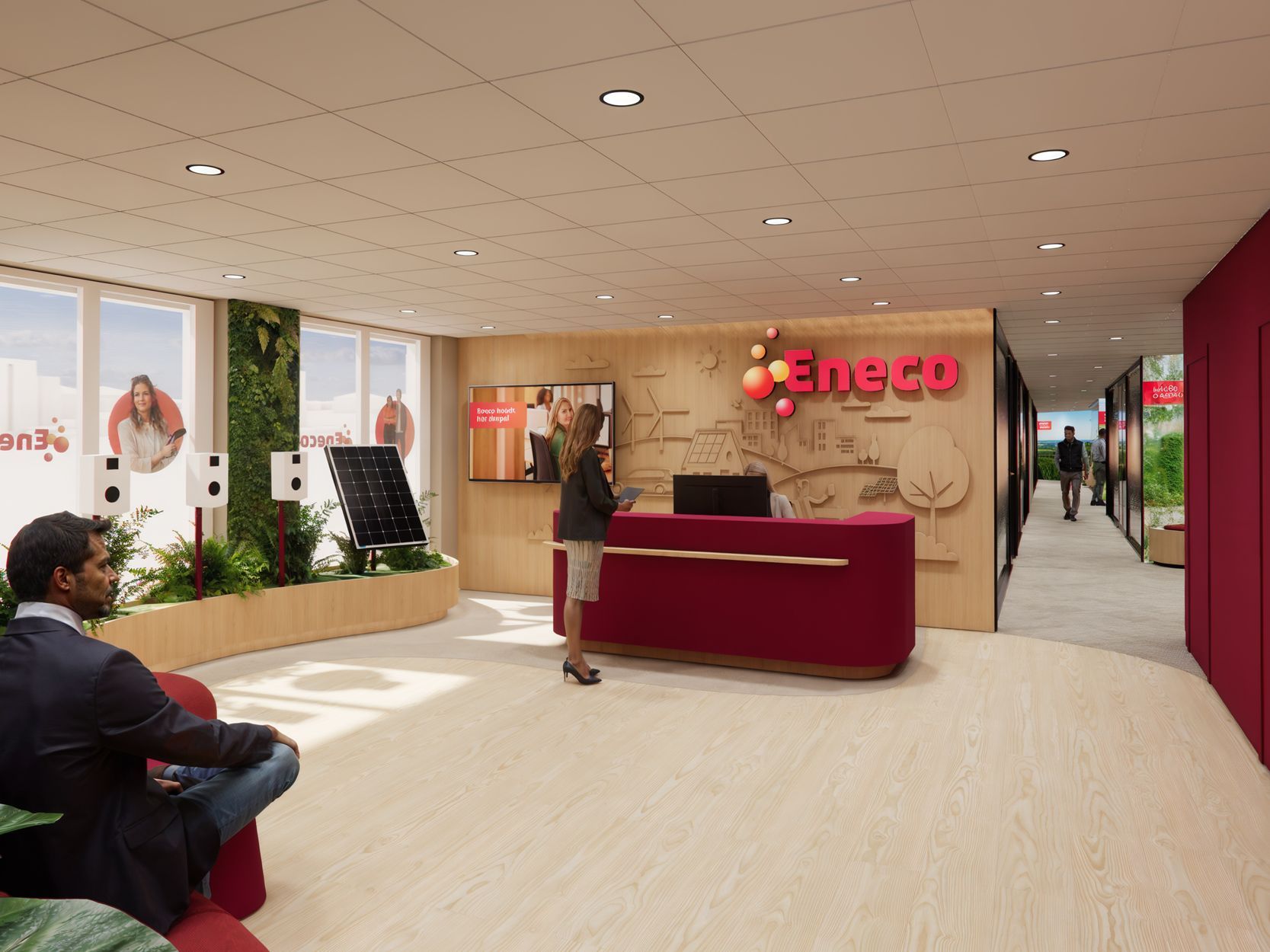 Entree kantoor van Eneco Belgium met rode receptiebalie, zittende gast en een felgekleurd Eneco-logo aan de muur.