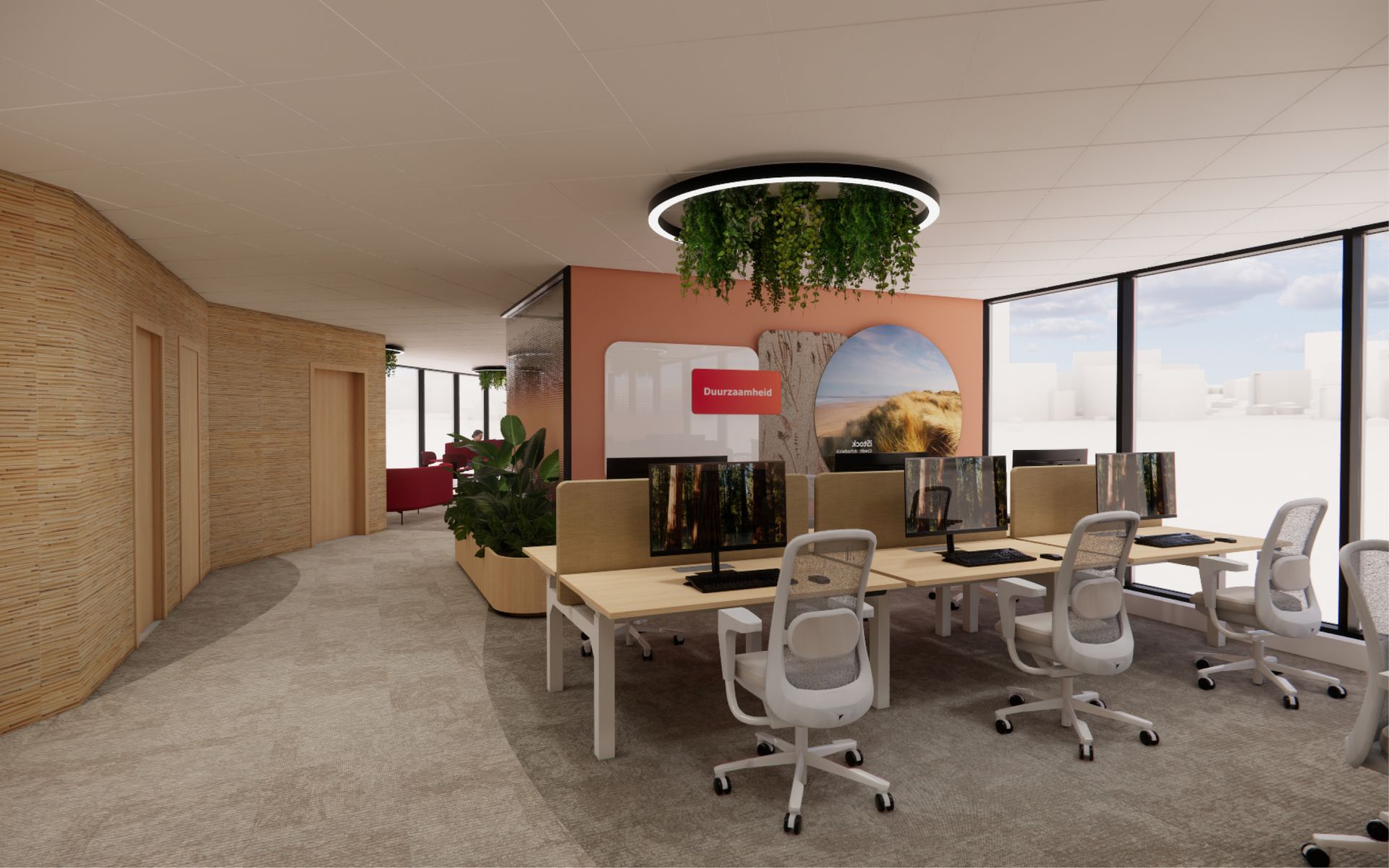 Open kantoorruimte van Eneco Belgium met houten bureaus, computermonitoren en hangende groene planten onder heldere plafondlampen.