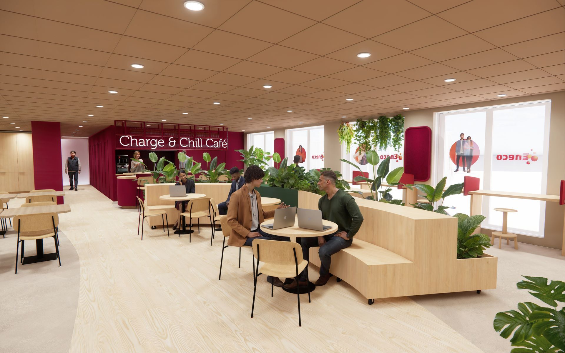 Modern café-interieur van Eneco Belgium met tafels, planten en een paar mensen die zitten in een heldere rood-witte ruimte.
