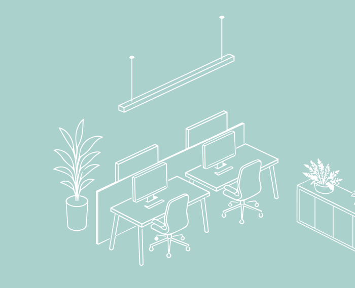 Minimal office with desks, computers, chairs, plant, and hanging lights in teal line art.