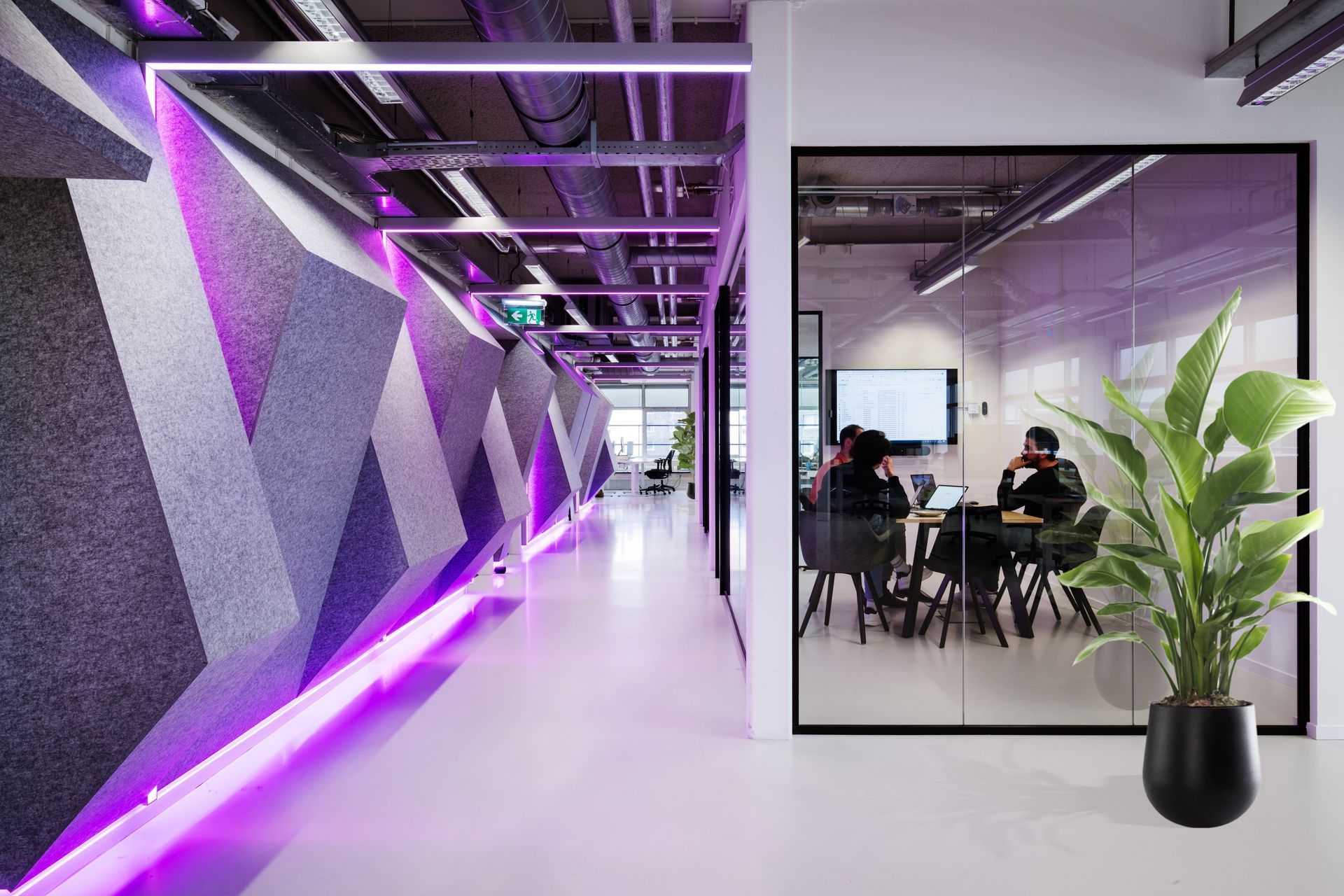 Moderne kantoorruimte met geometrische, paars verlichte akoestische wandpanelen naast een vergaderruimte met glazen wanden waar mensen aanwezig zijn in het nieuwe kantoor van Shypple in Rotterdam, interieurontwerp voor KuóStudio