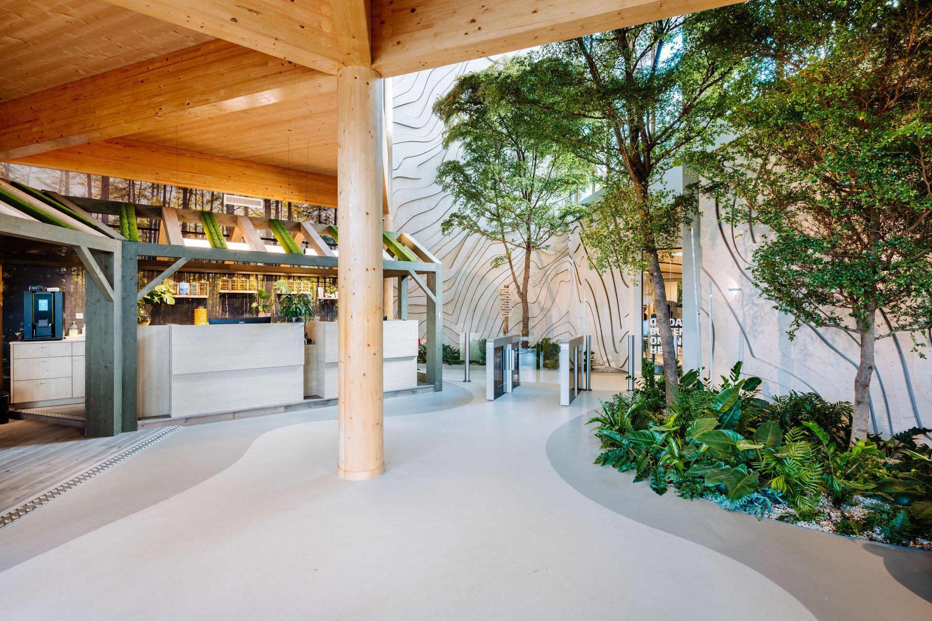 Licht, modern café of coworkingruimte met houten tafels, stoelen en grote ramen.
