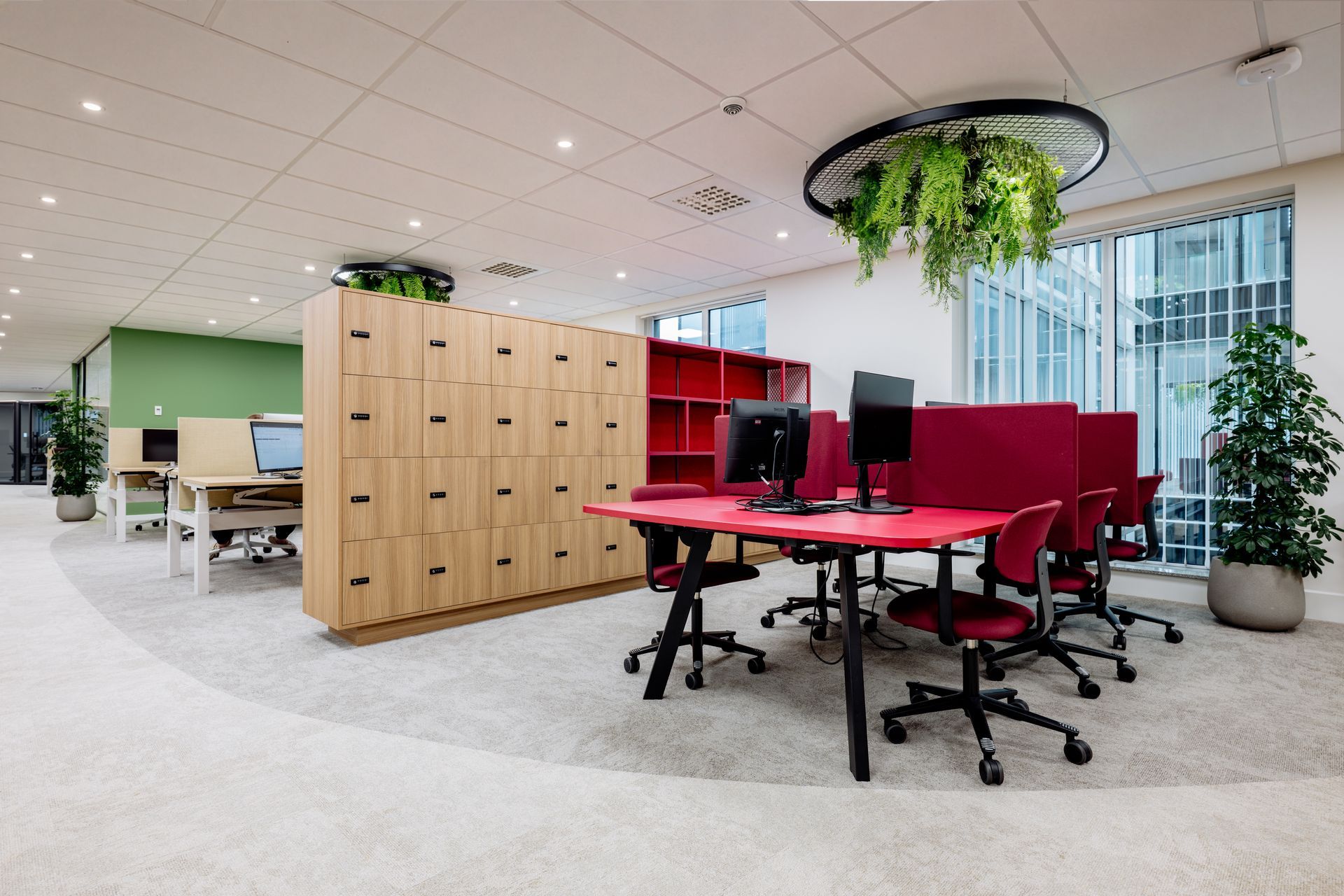 Modern open kantoor van Eneco Belgium met mensen die aan bureaus werken, rode stoelen en hangplanten.