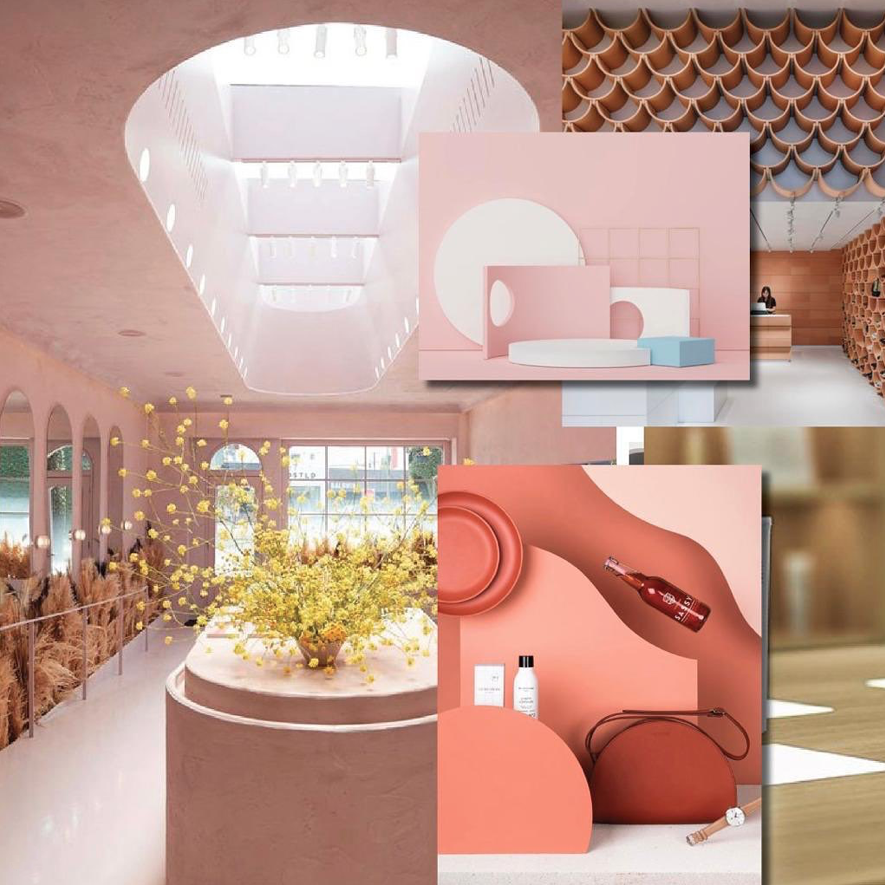 Een moodboard met roze interieurelementen, waaronder een gebogen ruimte, productpresentaties en geometrische vormen. Moodboard interieurontwerp