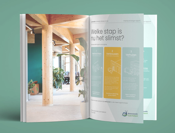 Open de brochure met een modern kantoorinterieur en infographicpanelen in groen, turquoise en geel.