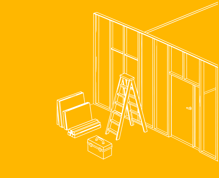 White line drawing of a ladder, toolbox, chair, and wall being built on an orange background
