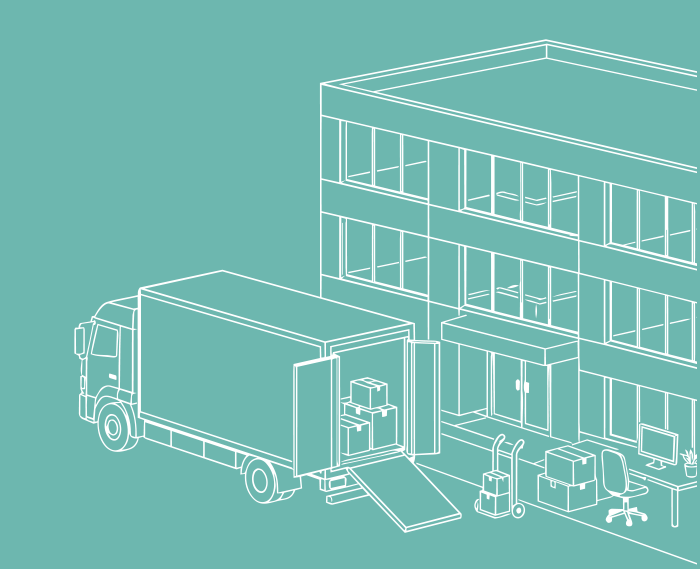 Illustrated warehouse loading dock with truck, pallet jack, and stacked boxes in teal line art.