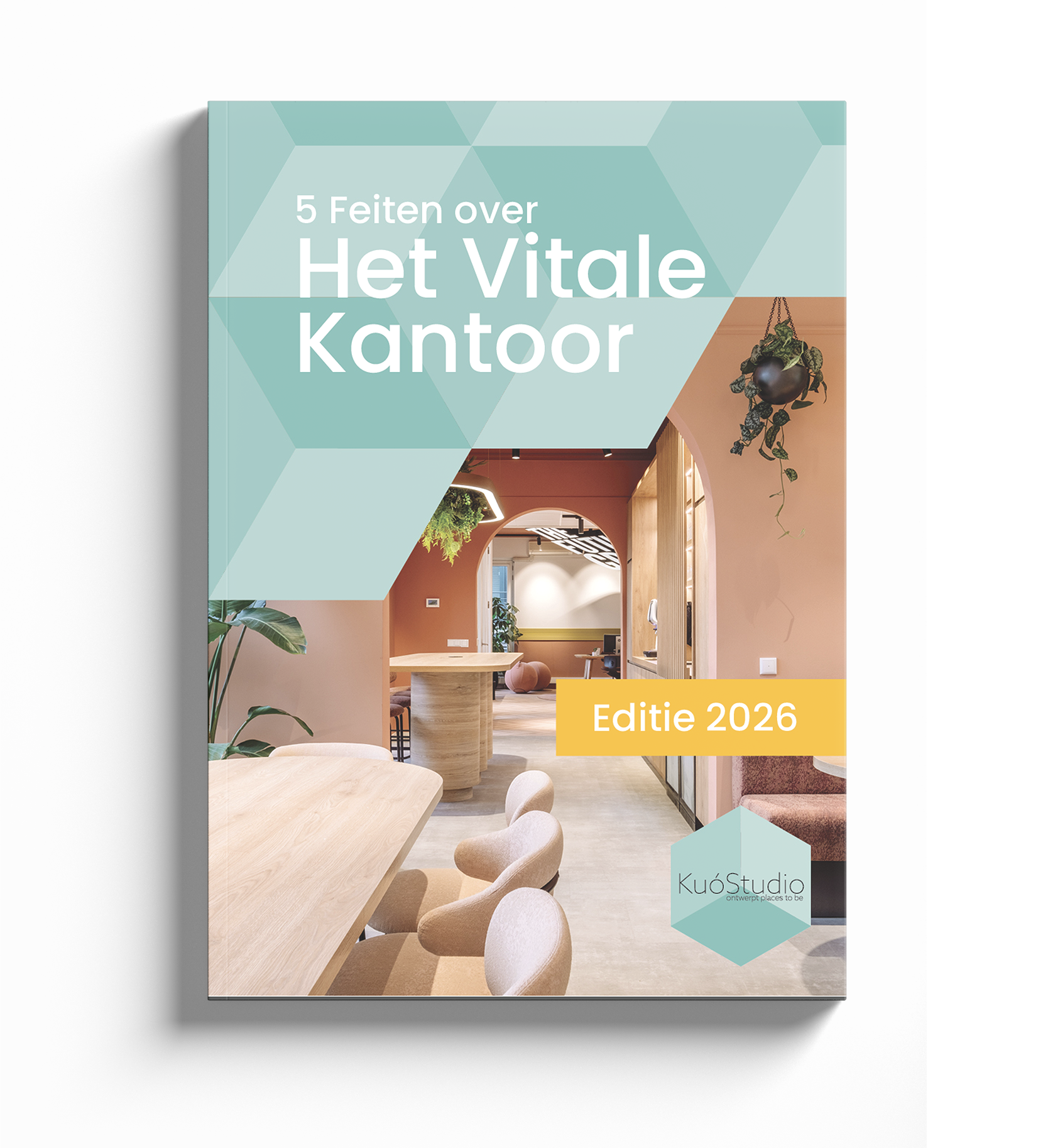 Cover of “5 feiten over Het Vitale Kantoor” with a teal office interior and “Editie 2026” label