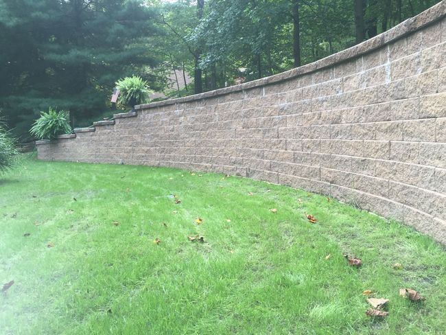 A stone wall surrounds a path in a park. A stone wall surrounds a path in a park.