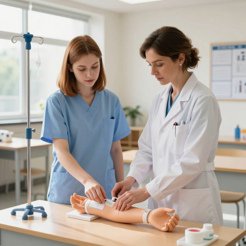 Two nurses practice bandaging a mannequin arm in a bright clinic room