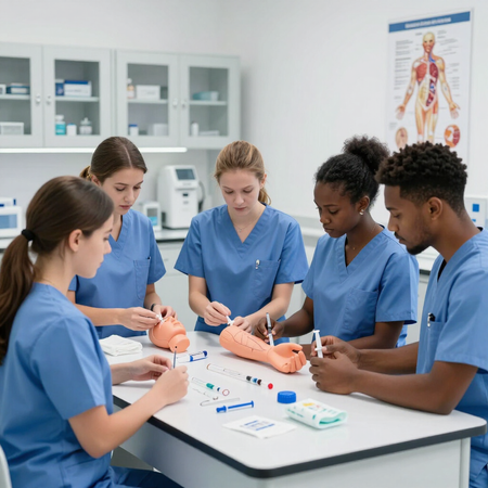 Medical students in blue scrubs practicing anatomy on a classroom table with a torso model and notes