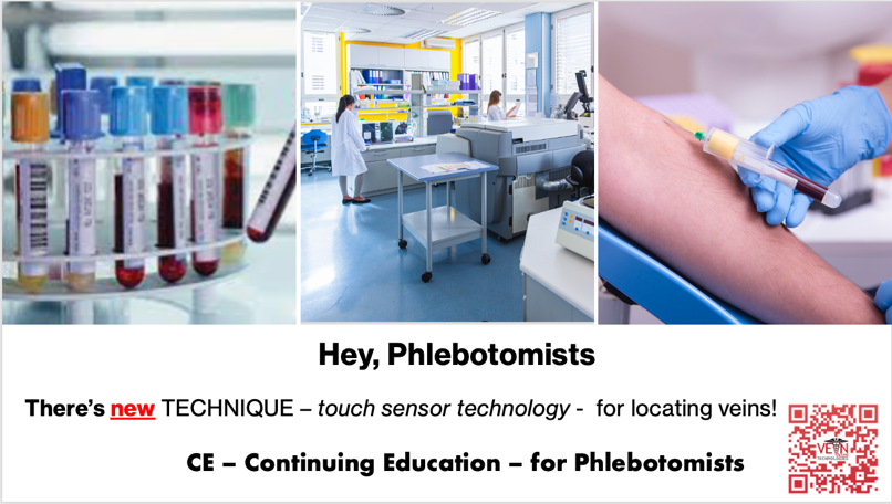 Phlebotomy education poster with blood tubes, lab scene, and gloved arm being drawn blood