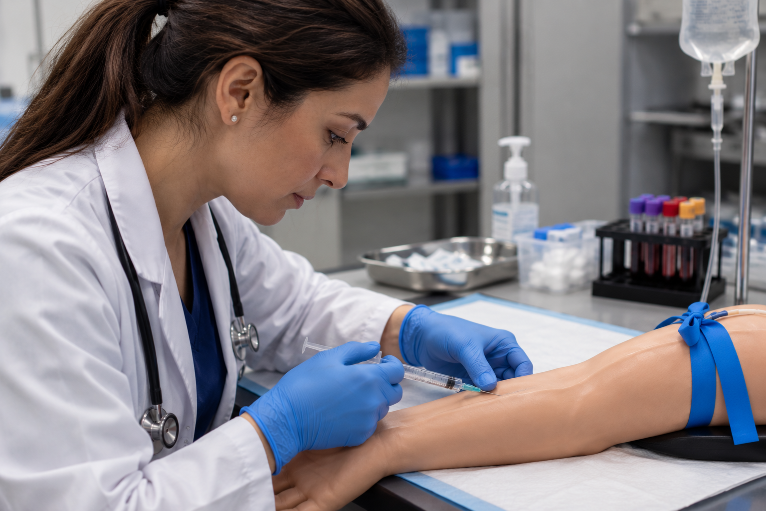 Nurse in blue gloves drawing blood from a patient’s arm in a clinic
