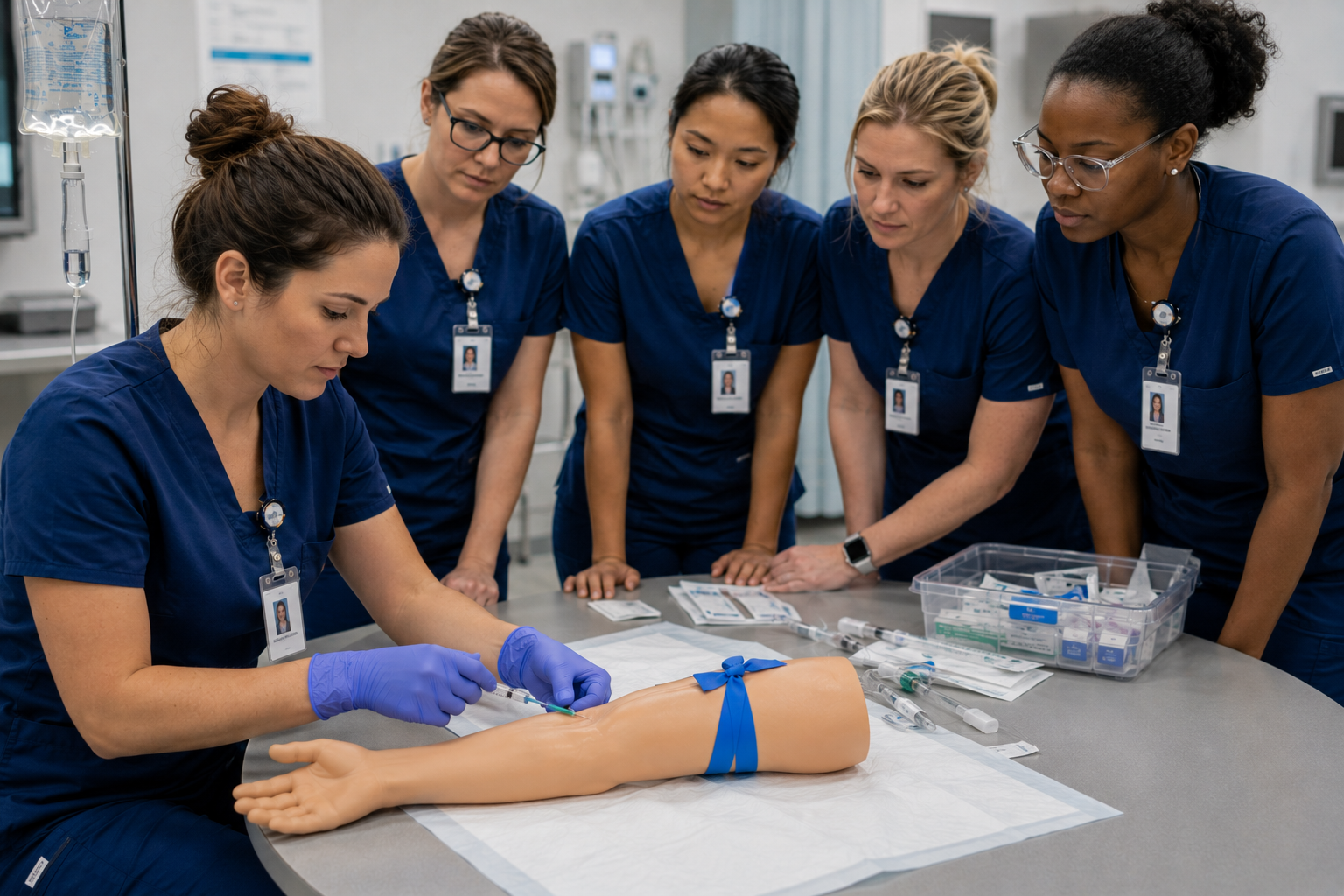 Medical trainees in blue scrubs practice a procedure on a mannequin arm around a table