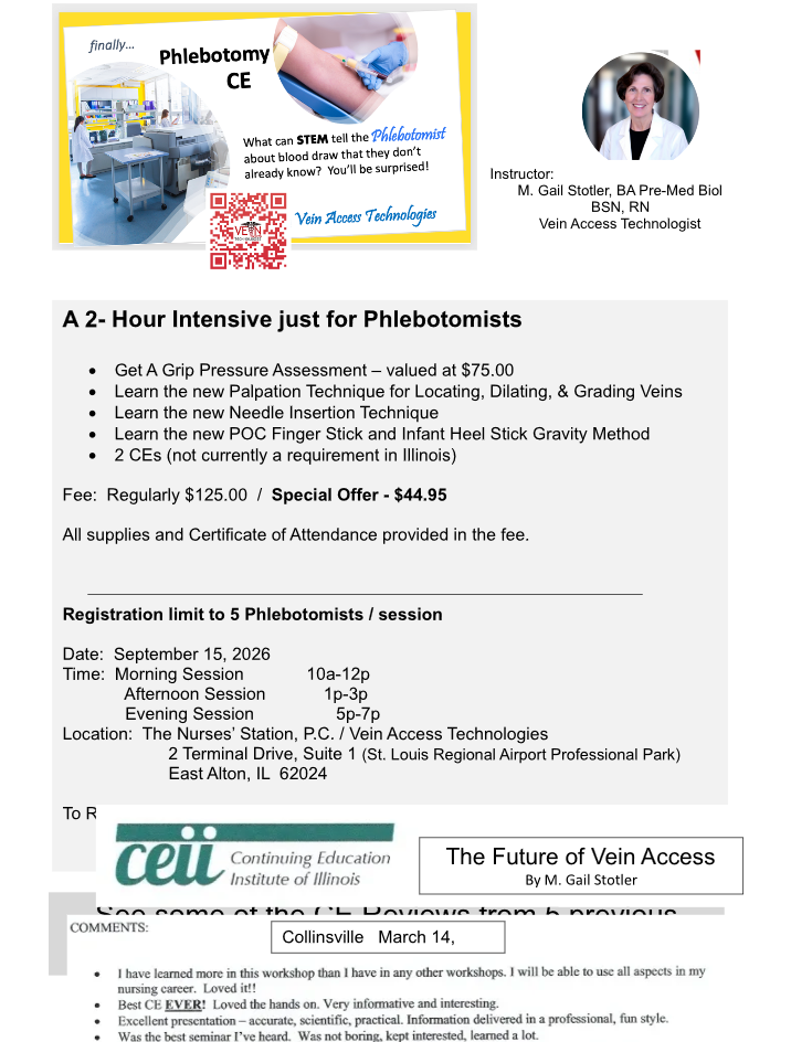Phlebotomy interview flyer with blood draw images, a headshot, and bullet-point interview tips on a white page